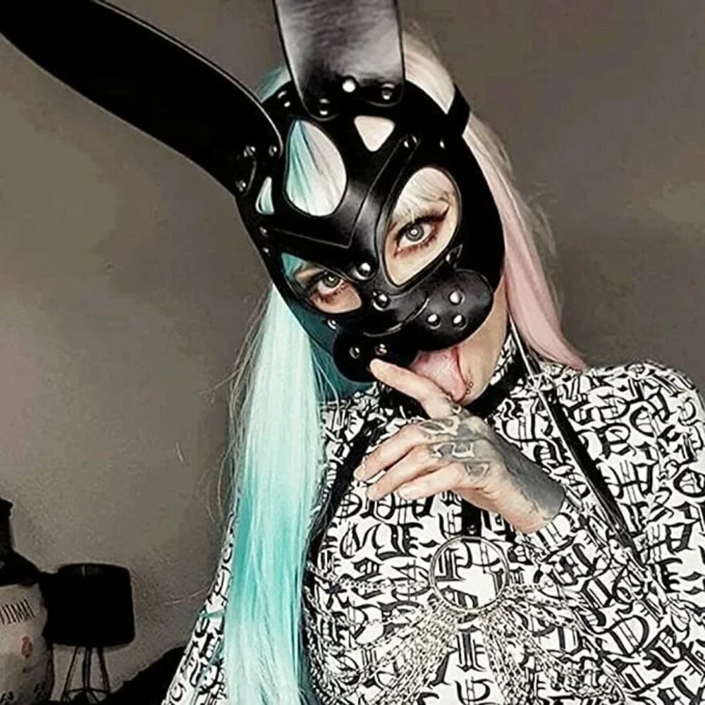𝅺BLACK Leather Fetish Masquerade Face Mask Slave Bondage BDSM Costume Cosplay